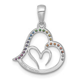 Sterling Silver Rhodium-plated Polished Rainbow Nano Crystals Double Heart Pendant