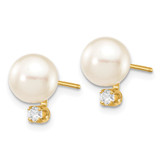 14k 7-8mm White Round Akoya Saltwater Cultured Pearl and 1/10 Carat Diamond Post Earrings