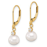 14k 7-8mm White Round Freshwater Cultured Pearl and .10 Carat Diamond Dangle Leverback Earrings