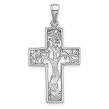 Sterling Silver Rhodium-Plated Polished Tree in Cross Pendant