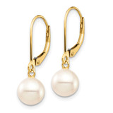 14k 7-8mm White Round Freshwater Cultured Pearl Dangle Leverback Earrings