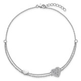 Sterling Silver Rhodium-plated Polished Two-Strand CZ Hearts 9 Inch Plus 1 Inch Extension Anklet