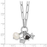 Sterling Silver Rhodium-plated Stars and White Freshwater Cultured Pearl and Black Acrylic Bead 17.75 inch with 2 inch Extender Paperclip Necklace