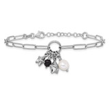 Sterling Silver Rhodium-plated Stars and White Freshwater Cultured Pearl and Black Acrylic Bead 6.75 inch with 1 inch Extender Paperclip Bracelet