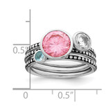 Sterling Silver Rhodium-plated w/Pink & White CZ and Blue Glass Ring Set - QR-410A74C7-8551