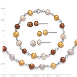 Sterling Silver Rhodium-plated White/Yellow/Brown Semi-Round Freshwater Cultured Pearl 18 inch Necklace/7.25 inch Bracelet/Button Post Earrings Set