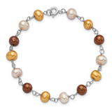 Sterling Silver Rhodium-plated White/Yellow/Brown Semi-Round Freshwater Cultured Pearl 18 inch Necklace/7.25 inch Bracelet/Button Post Earrings Set