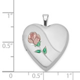 Sterling Silver Rhod-plated 20mm Satin, Enamel, D/C Floral Heart Locket