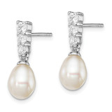 Sterling Silver Rhod-plated 7-8mm White Teardrop Freshwater Cultured Pearl and CZ Post Dangle Earrings
