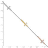 Sterling Silver Rhod-plated Gold/Rose-tone CZ Cross w/1in ext. Bracelet