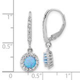 Sterling Silver RH-plated CZ & Blue Cr. Opal Halo Dangle Leverback Earrings