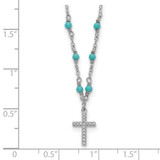 Sterling Silver RH-plated CZ Cross Synth. Turquoise 2in ext Necklace