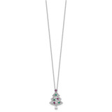 Sterling Silver RH-plated Multi Color CZ Christmas Tree w/2in ext Necklace