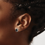 Sterling Silver RH-plated Polished & Textured Black CZ Round Post Earrings