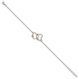 Sterling Silver Rh-plated Rose-tone Double Heart 7in w/1in ext Bracelet