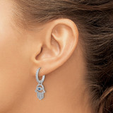 Sterling Silver RH-pltd Blue/White CZ Evil Eye Hamsa Dangle Hoop Earrings