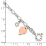 Sterling Silver Rose Gold-plated Polished w/Heart and CZ Link Bracelet