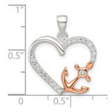 Sterling Silver Rose-tone Polished CZ Anchor Heart Pendant