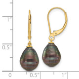 14k 8-9mm Black Teardrop Tahitian Saltwater Cultured Pearl Leverback Dangle Earrings