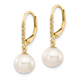 14k 8-9mm White Round Freshwater Cultured Pearl and .05 Carat Diamond Dangle Leverback Earrings