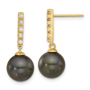 14k 9-10mm Black Round Tahitian Saltwater Cultured Pearl and .20 Carat Diamond Post Dangle Earrings