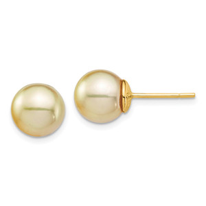 14k 9-10mm Round Golden South Sea Saltwater Cultured Pearl Post Earrings