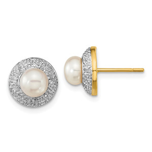 14k and Rhodium 5-6mm Button FWC Pearl .05ct Diamond Post Earrings - XE-6C807255-7424