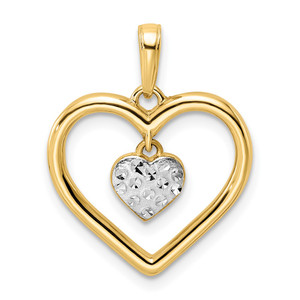 14k and White Rhodium Diamond-cut Heart w/Dangle Heart Pendant