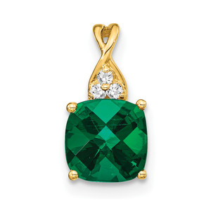 14k Checkerboard Created Emerald and Diamond Pendant
