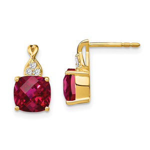 14k Checkerboard Created Ruby and Diamond Earrings