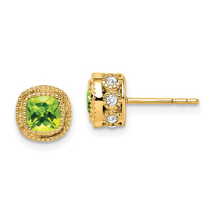 14k Cushion Peridot and Diamond Earrings