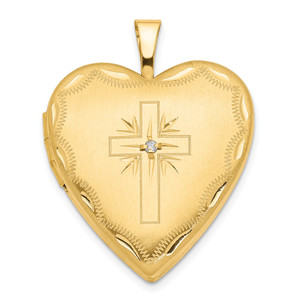 14k Diamond Satin and Diamond-cut Cross 20mm Heart Locket