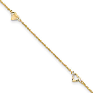 14k Diamond-cut Hearts 3-Station 10 inch Anklet Plus 1 inch Heart Dangle Extender
