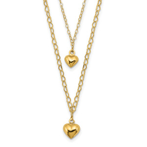 14K Double Layer Heart Link with Polished Puffed Hearts 16 inch Necklace Plus 2 inch Extender
