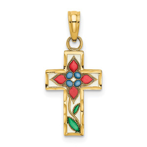 14K Enameled W/ Flower Cross Charm