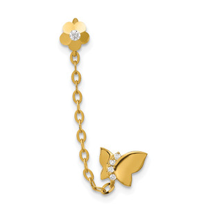 14k Madi K CZ Double Post w/Chain Butterfly & Flower Single Earring