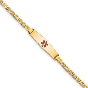 14k Medical Semi-Solid Chain/Solid Plate 20x5mm Soft Diamond Shape Centered Red Enamel Anchor Link 7 inch ID Bracelet