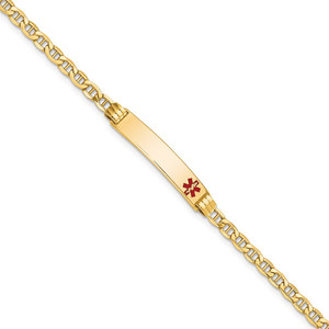 14k Medical Semi-Solid Chain/Solid Plate 26x5mm Off-Center Red Enamel Anchor Link 7 inch ID Bracelet