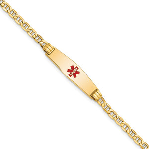 14K Medical Semi-Solid Chain/Solid Plate 26x7mm Soft Diamond Shape Centered Red Enamel Anchor Link 8 inch ID Bracelet
