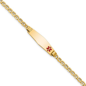 14K Medical Semi-Solid Chain/Solid Plate 26x7mm Soft Diamond Shape Off-Center Red Enamel Anchor Link 7 inch ID Bracelet