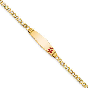 14K Medical Semi-Solid Chain/Solid Plate 26x7mm Soft Diamond Shape Off-Center Red Enamel Cuban Link 7 inch ID Bracelet