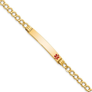 14K Medical Semi-Solid Chain/Solid Plate 37x6mm Off-Center Red Enamel Cuban Link 8 inch ID Bracelet