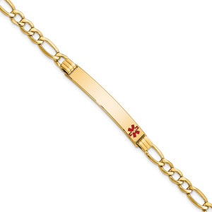14K Medical Semi-Solid Chain/Solid Plate 37x6mm Off-Center Red Enamel Figaro Link 8 inch ID Bracelet