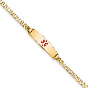14k Medical Solid Chain/Solid Plate 20x5mm Soft Diamond Shape Centered Red Enamel Curb Link 6 inch Baby/Child ID Bracelet