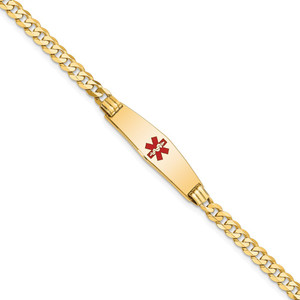 14K Medical Solid Chain/Solid Plate 24x7mm Soft Diamond Shape Centered Red Enamel Curb Link 8 inch ID Bracelet