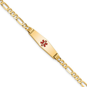 14K Medical Solid Chain/Solid Plate 24x7mm Soft Diamond Shape Centered Red Enamel Figaro Link 7 inch ID Bracelet - XM-A3197C43-6158