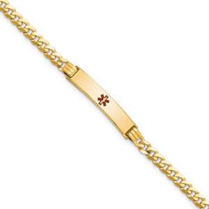 14K Medical Solid Chain/Solid Plate 26x5mm Centered Red Enamel Curb Link 8 inch ID Bracelet