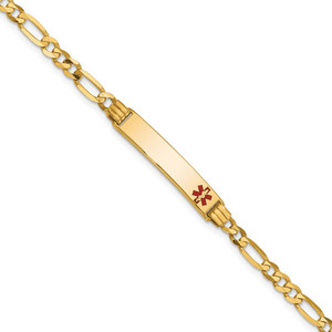 14K Medical Solid Chain/Solid Plate 26x5mm Off-Center Red Enamel Figaro Link 8 inch ID Bracelet - XM-D46A38FF-8502