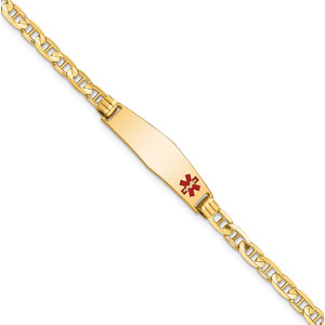14K Medical Solid Chain/Solid Plate 26x7mm Soft Diamond Shape Off-Center Red Enamel Anchor Link 7 inch ID Bracelet - XM-89B4DC59-3084