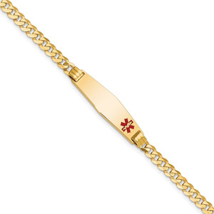 14K Medical Solid Chain/Solid Plate 26x7mm Soft Diamond Shape Off-Center Red Enamel Curb Link 7 inch ID Bracelet - XM-47576CC9-2271